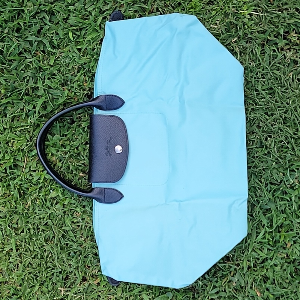 Longchamp Le Pliage x Sarah Morris 2014 black & aqua blue tote